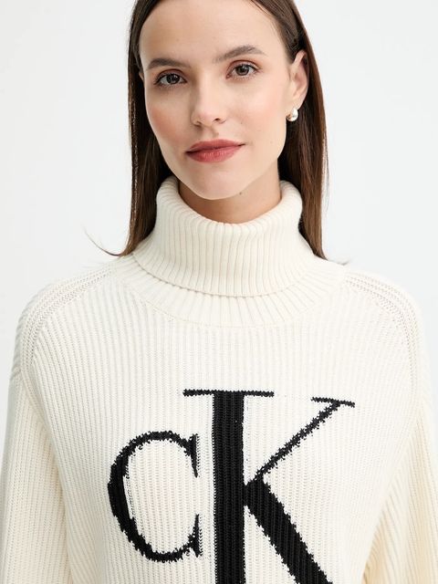 Calvin Klein Jeans sweter bawełniany damski kolor beżowy ciepły z golfem LV047D349G
