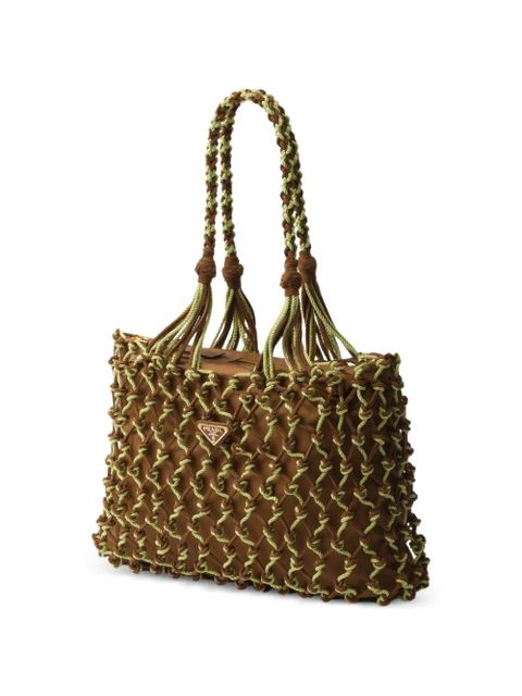 Prada macramé logo-plaque tote bag - Brown