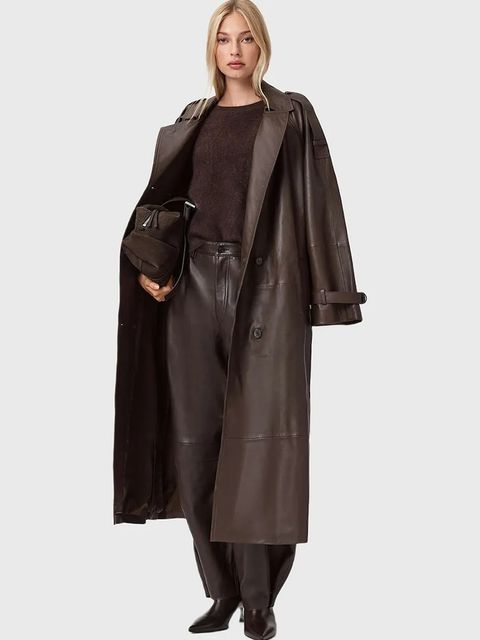 AllSaints płaszcz skórzany REED kolor brązowy W004LD - zdjęcie produktu nr 2