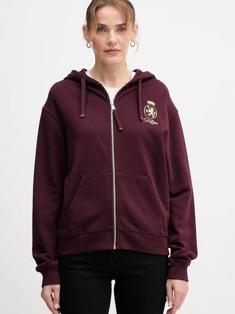 Tommy Hilfiger bluza bawełniana damska kolor bordowy z kapturem z aplikacją WW0WW46126 - zdjęcie produktu nr 1