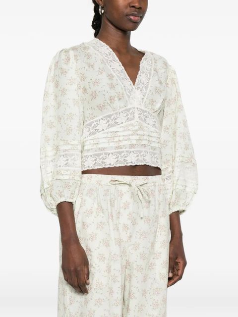 SANDRO Davina floral-print lace-detail top - Green