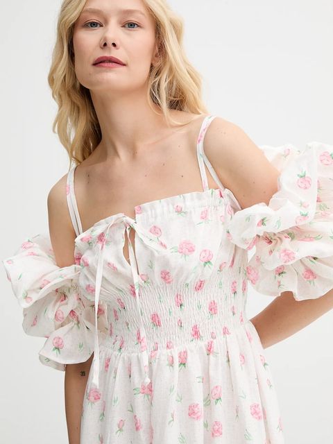 The Sleeper sukienka lniana kolor beżowy maxi rozkloszowana ALDR01F020N