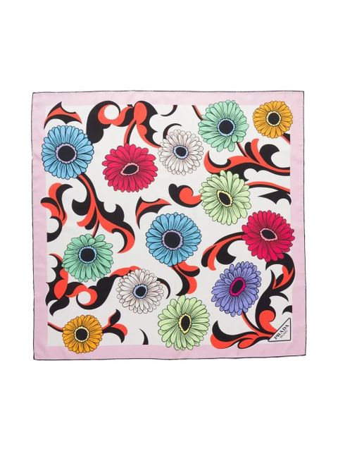 Prada floral-print twill scarf - White