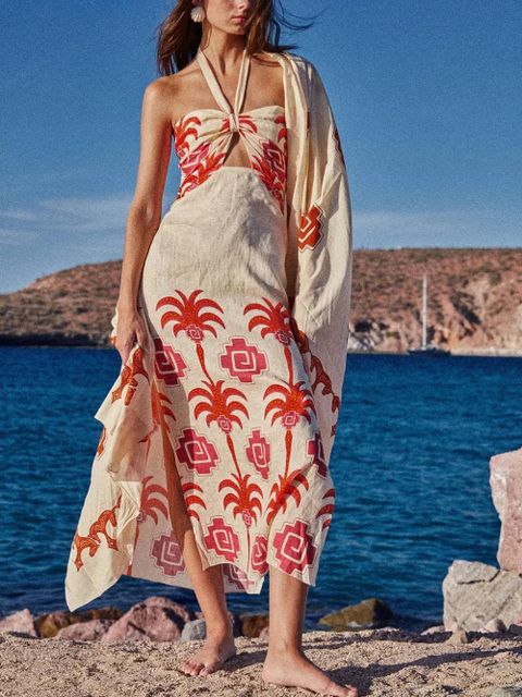 Johanna Ortiz Water Adventure halterneck printed linen midi dress - Neutrals