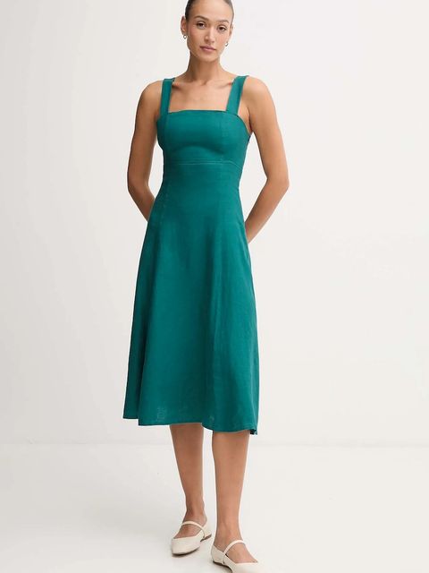 United Colors of Benetton sukienka lniana kolor zielony midi rozkloszowana 4AGHDV0AG - zdjęcie produktu nr 1