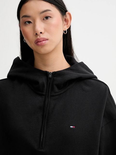 Tommy Jeans bluza bawełniana damska kolor czarny z kapturem gładka DW0DW21924