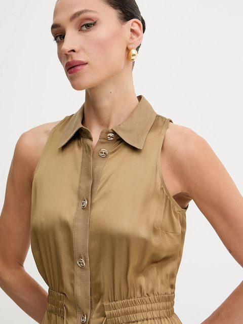 Twinset sukienka z domieszką lnu kolor zielony midi prosta 251TT2270 - zdjęcie produktu nr 2