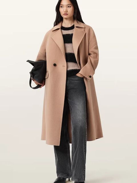 AllSaints płaszcz z dodatkiem wełny SELLMA kolor beżowy W019OD