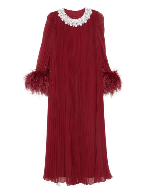 Self-Portrait feather-trimmed chiffon midi dress - Red