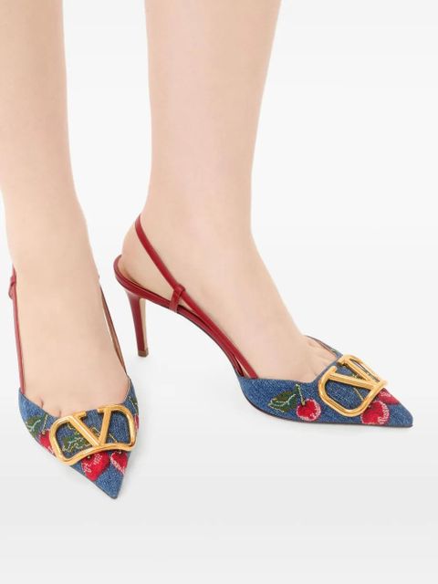 Valentino Garavani 80mm Cherryfic-embroidery slingback-detailed heeled pumps - Blue