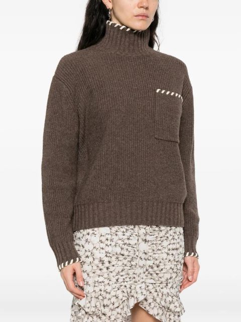 SANDRO ribbed-knit embroidered-pocket sweater - Brown