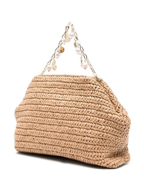 Self-Portrait charm-detail raffia clutch bag - Neutrals