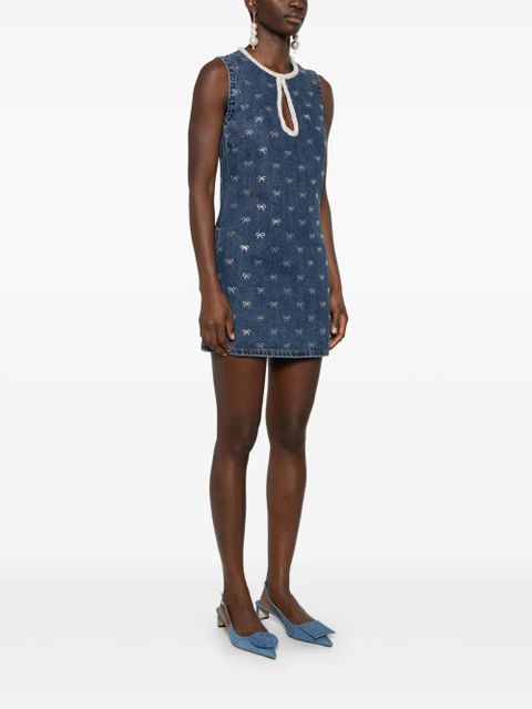 Self-Portrait crystal-bow denim mini dress - Blue