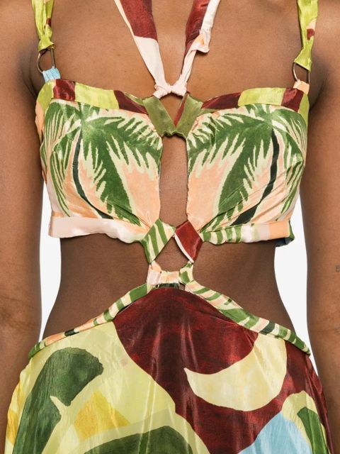 FARM Rio tropical-print asymmetric midi dress - Green