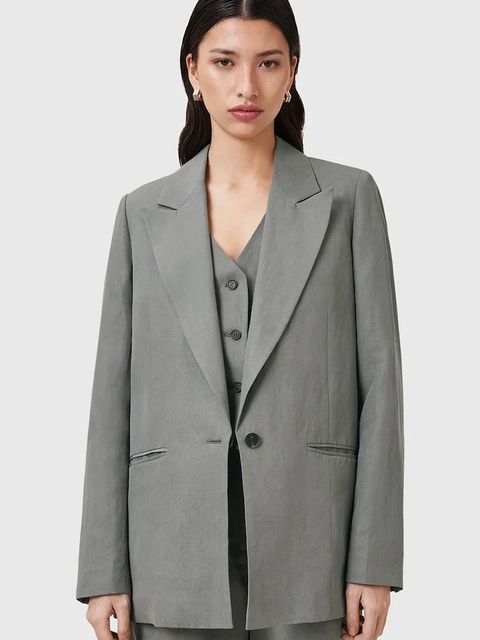 AllSaints marynarka z domieszką lnu AVERIE kolor szary jednorzędowa gładka W043QC - zdjęcie produktu nr 1