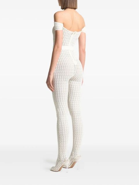 Manière De Voir Martine pointelle-knit belted bardot jumpsuit - White