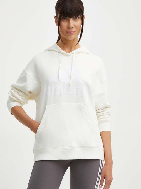 adidas bluza bawełniana damska kolor beżowy z kapturem z nadrukiem IR5449