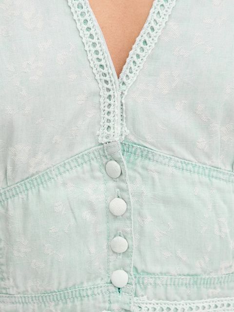 Guess bluzka z domieszką lnu LUIZA damska kolor niebieski z aplikacją W5GH82 D5N81