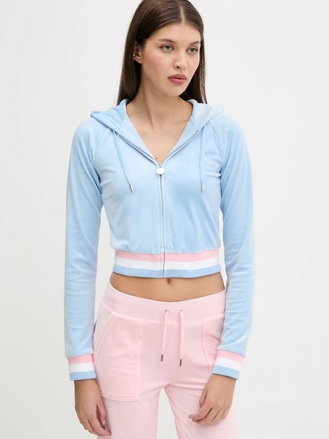 Juicy Couture bluza VELOUR CROPPED STRIPE HOODIE damska kolor niebieski z kapturem z aplikacją JCWAS225351 - zdjęcie produktu nr 1