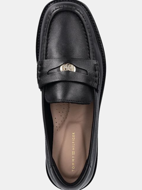 Tommy Hilfiger mokasyny skórzane CREST SQUARISH TOE PENNY LOAFER damskie kolor czarny na płaskim obcasie FW0FW08633