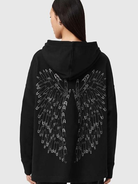 AllSaints bluza bawełniana damskie kolor czarny z kapturem z nadrukiem W118JD - zdjęcie produktu nr 2