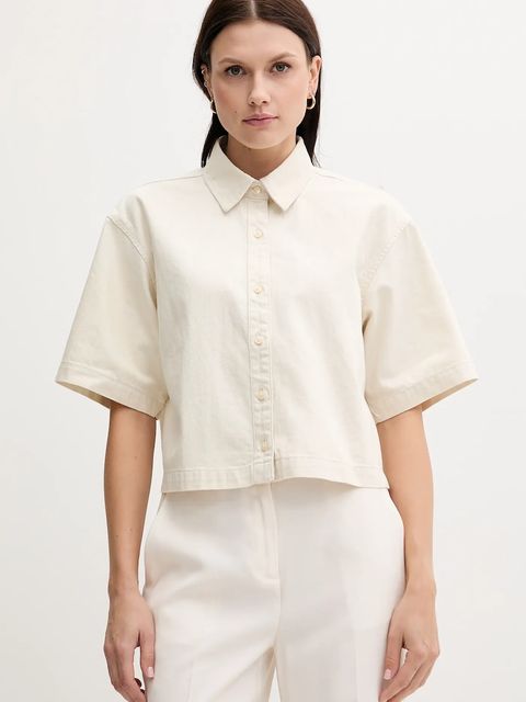 Calvin Klein Jeans koszula z domieszką lnu damska kolor beżowy relaxed z kołnierzykiem klasycznym LV047C775G - zdjęcie produktu nr 1