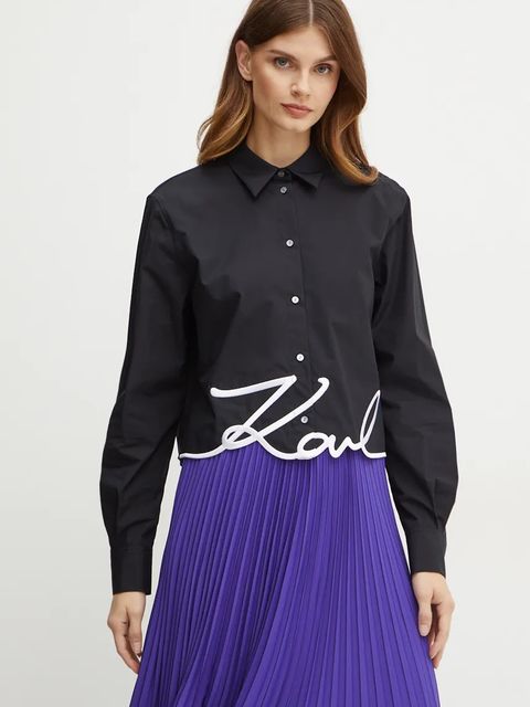 Karl Lagerfeld koszula bawełniana damska kolor czarny regular z kołnierzykiem klasycznym - zdjęcie produktu nr 1