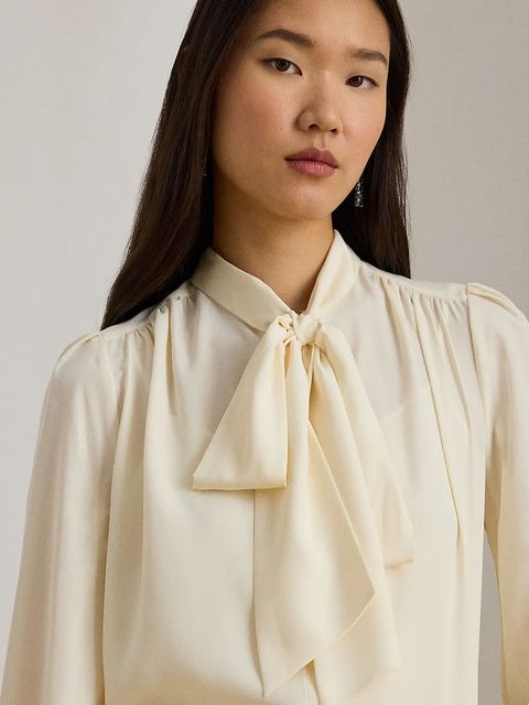 Lauren Ralph Lauren koszula damskie kolor beżowy regular z wiązanym dekoltem 200P14083 - zdjęcie produktu nr 2