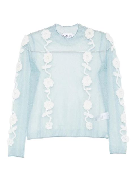 GANNI floral-appliqué blouse - Blue