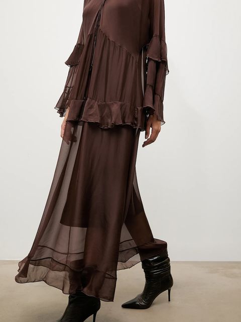 Answear.LAB sukienka z jedwabiem kolor brązowy maxi prosta