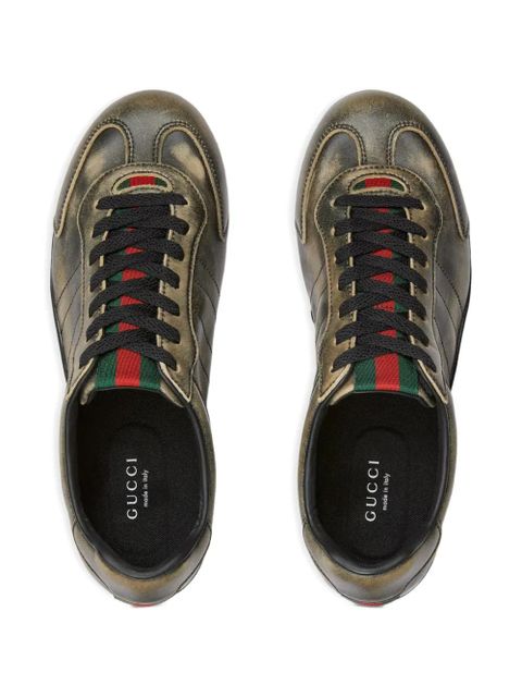 Gucci distressed web-stripe sneakers - Brown