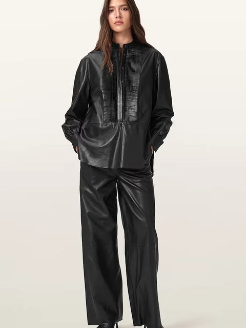 AllSaints spodnie skórzane ASH damskie kolor czarny szerokie high waist W028TD - zdjęcie produktu nr 1