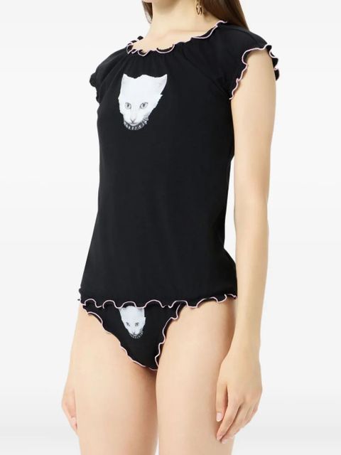 Blumarine cat-print ruffled T-shirt - Black