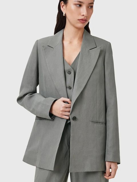 AllSaints marynarka z domieszką lnu AVERIE kolor szary jednorzędowa gładka W043QC