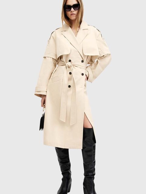 AllSaints trencz bawełniany CLYDE kolor biały przejściowy dwurzędowy W021OB