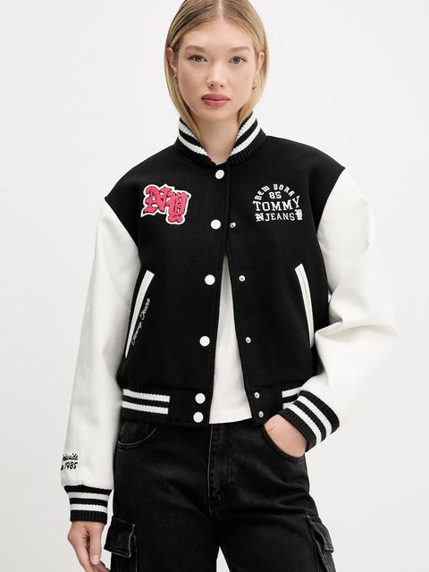 Tommy Jeans kurtka bomber z wełną kolor czarny przejściowa DW0DW21628