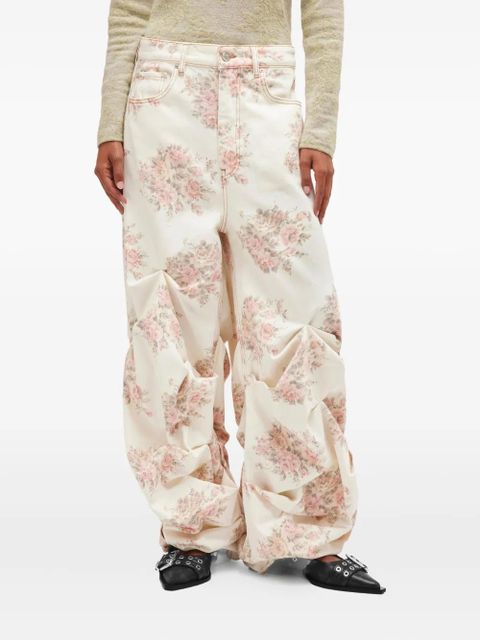 GANNI floral-print gathered jeans - Neutrals