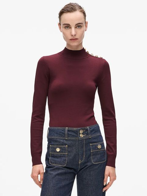 Karl Lagerfeld sweter damski kolor bordowy lekki z półgolfem A4W18038 - zdjęcie produktu nr 1