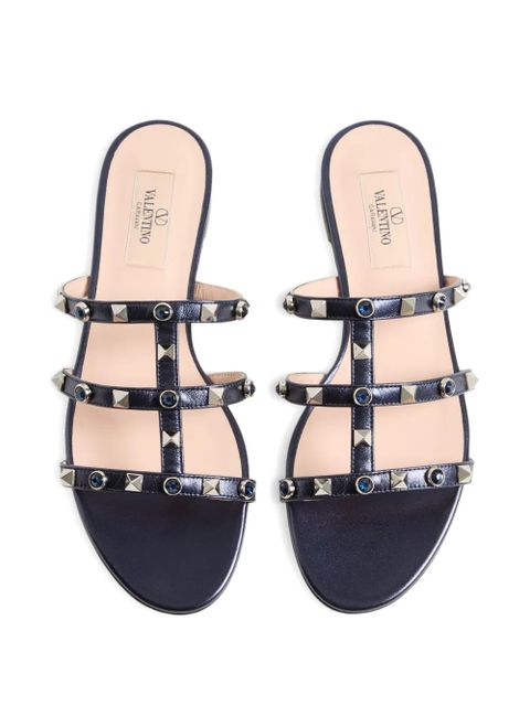 Valentino Garavani Rockstud slide sandals in laminated nappa with cabochon - Blue