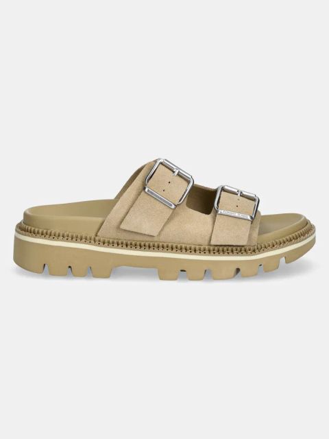 Tommy Jeans klapki zamszowe DOUBLE STRAP SANDAL SUEDE damskie kolor beżowy na platformie EN0EN02797