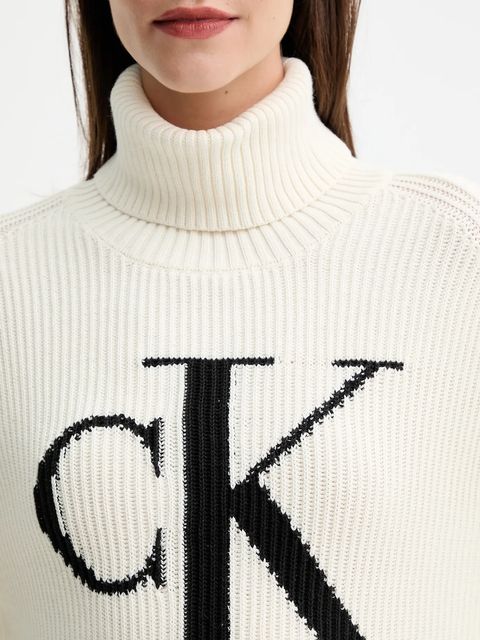 Calvin Klein Jeans sweter bawełniany damski kolor beżowy ciepły z golfem LV047D349G