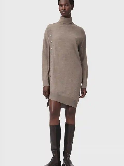 AllSaints sukienka wełniana UMI kolor beżowy mini dopasowana W071DD