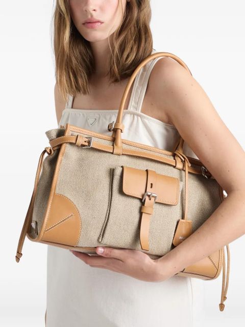 Prada Bonnie linen and leather tote bag - Neutrals
