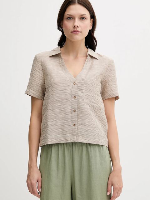 United Colors of Benetton koszula z domieszką lnu damska kolor beżowy regular z kołnierzykiem klasycznym 5YPVDQ0BX - zdjęcie produktu nr 1