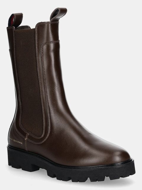 Tommy Hilfiger sztyblety skórzane TH LTHR MID CHELSEA damskie kolor brązowy na płaskim obcasie FW0FW08770 - zdjęcie produktu nr 1