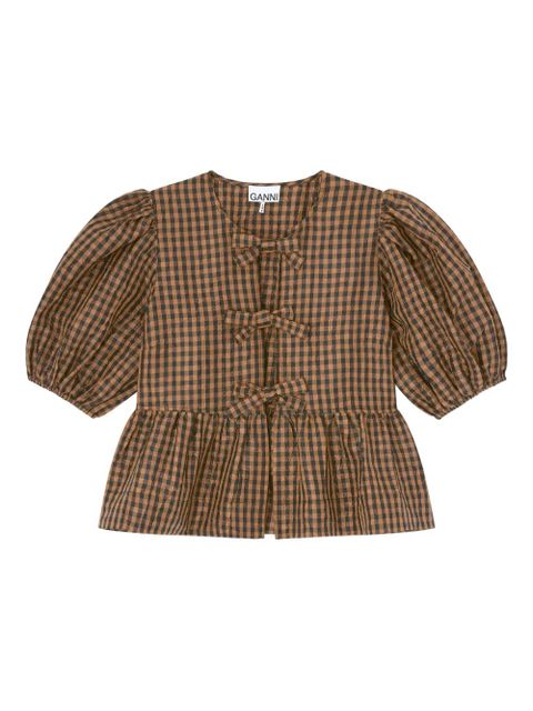 GANNI Gingham Bow Top - Brown - zdjęcie produktu nr 1