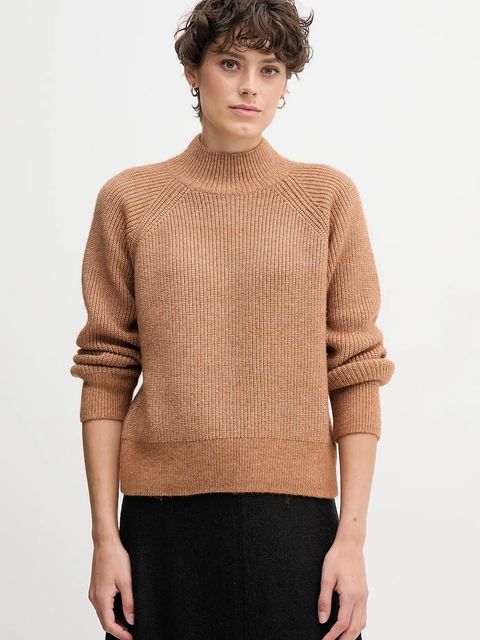 Calvin Klein Jeans sweter z domieszką wełny damski kolor brązowy z półgolfem LV044D372G