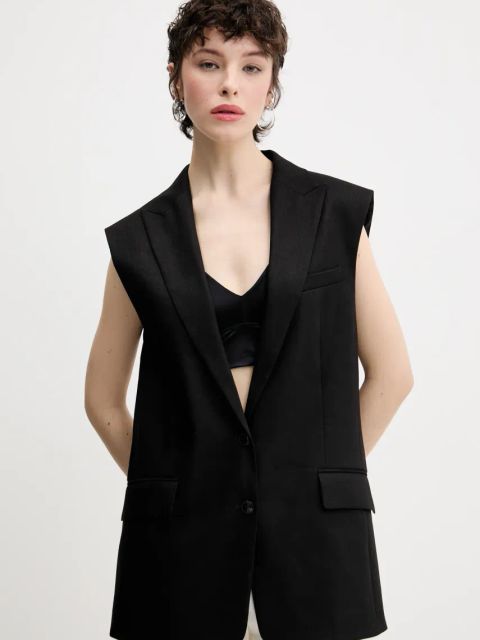 HUGO kamizelka lniana kolor czarny jednorzędowa 50537621