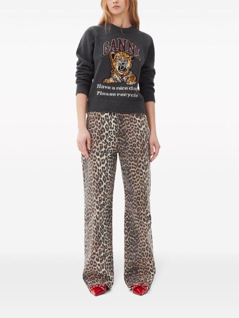 GANNI leopard print denim trousers - Brown