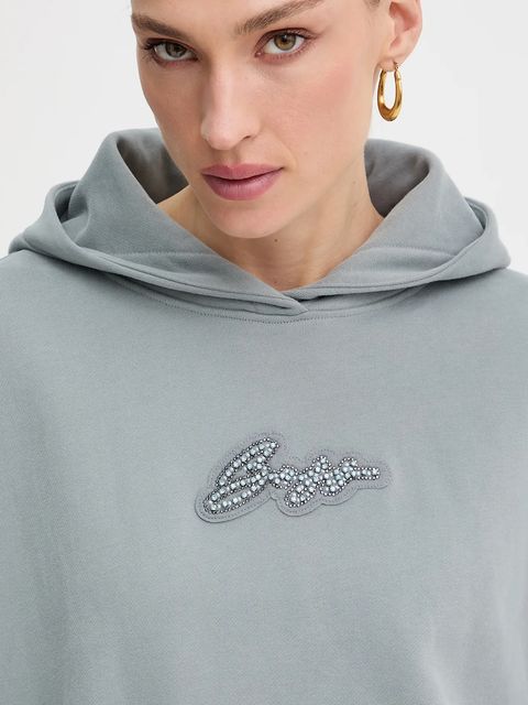 BOSS Orange bluza bawełniana damska kolor szary z kapturem z aplikacją 50545507